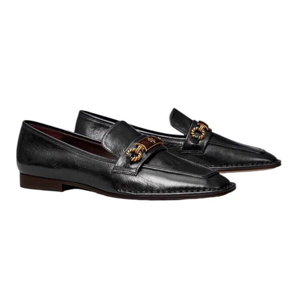 Tory Burch Size 8.5 Perrine Loafer Shoes Square Toe Logo‎ Leather Perfect Black